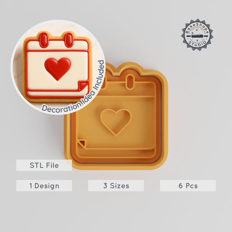 Heart Calendar Shape Cutter & Stamp, Cookie & Fondant Mold Set, S/M/L Sizes, 6-Piece Event Planning Tool