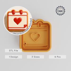 Heart Calendar Shape Cutter & Stamp, Cookie & Fondant Mold Set, S/M/L Sizes, 6-Piece Event Planning Tool
