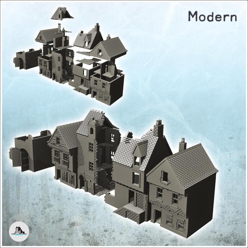 Set of five ruined buildings with tile roof and floors (27) - World War Two Second WWII Western campaign USA UK Germany