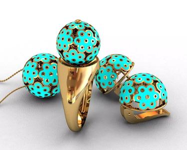 Ball set 3D print model gold ring with turquoise balls
