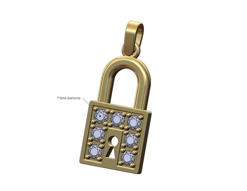 Diamond padlock with keyhole pendant and charm 3D print model