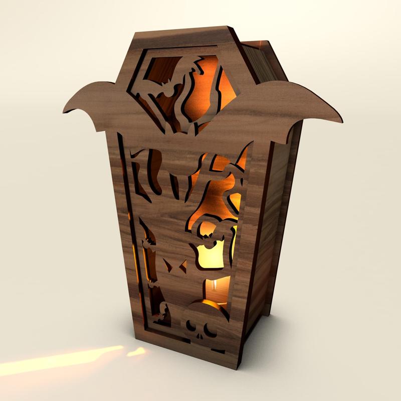 Laser Cut Coffin Lantern SVG - Halloween Spooky Bat & Skull Tealight Holder