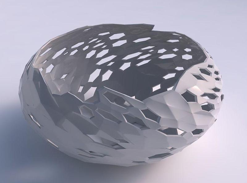 Bowl spheric squeezed wide with twisted crystal skin with holes