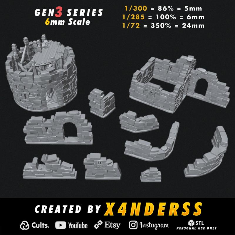 By X4NDERSS • 6mm Props 2 • Gen3 •  1/285 1/300 1/72 Scale • x11 Stylized Miniature Castle Stone Ruins Wall Models Medieval Warfare 3D Print Printing Fantasy Total War Mini Micro