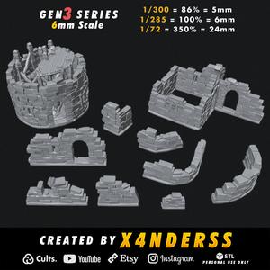 By X4NDERSS • 6mm Props 2 • Gen3 •  1/285 1/300 1/72 Scale • x11 Stylized Miniature Castle Stone Ruins Wall Models Medieval Warfare 3D Print Printing Fantasy Total War Mini Micro