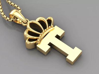T Crown Letter Initial Pendant in 10kt Yellow Gold Cad Design