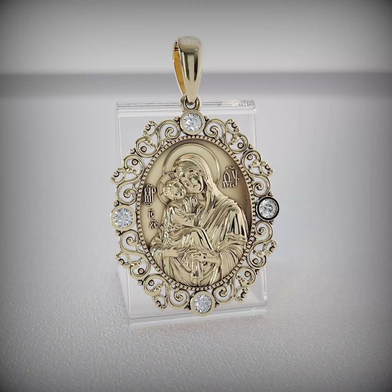 Sacred Madonna and Child Pendant Adorned with Faux Diamonds