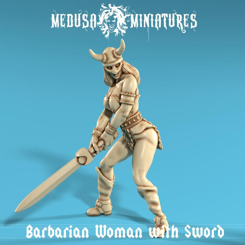 Barbarian Woman with Sword - Fierce Female Warrior STL Miniature