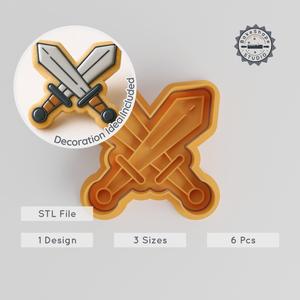 Two Swords Cookie Cutter & Stamp Set, Fondant Baking Tool, 6 Pieces, S/M/L, Perfect for Games PRODUCT_686