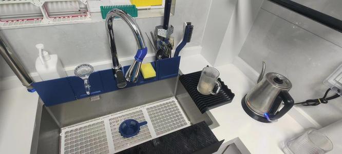Kitchen sink splash guard all-in-one ultimate module, including scrub cloth holder, toothbrush cup holder, dish soap holder, dish drainer, electric toothbrush holder, faucet splash guard