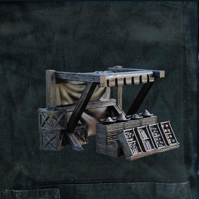 A medieval market with a fabric tent