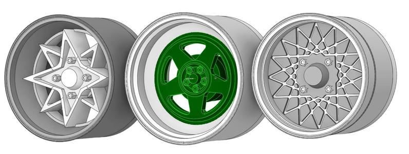 RW SH4RK, RW RO4CH & RW AX3,  3 set of alternative wheels for Tunerkits Nissan 200SX Tooned Car Model Kit.