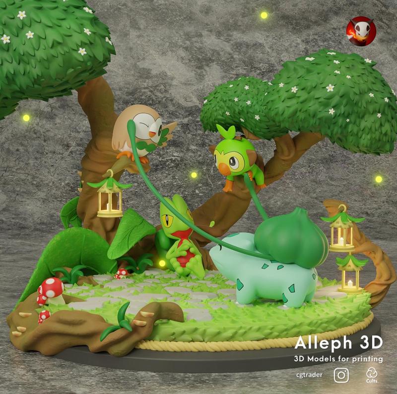 pokemon diorama bulbasaur,treecko,rowlet and grookey (with cuts)