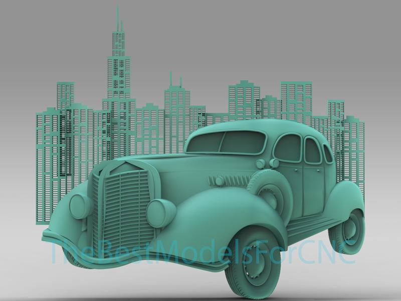 3D Model STL File for CNC Router Laser & 3D Printer Car With City Behind