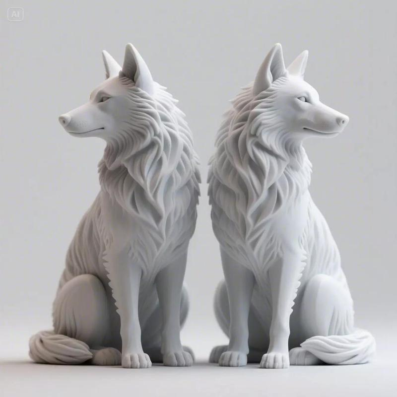 Symmetrical Twin Wolves Sculpture in Vigilant Balance