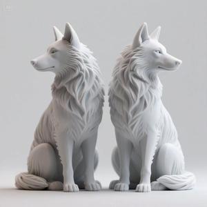 Symmetrical Twin Wolves Sculpture in Vigilant Balance