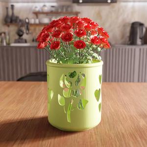3D Rose and Heart Vase STL File - 073