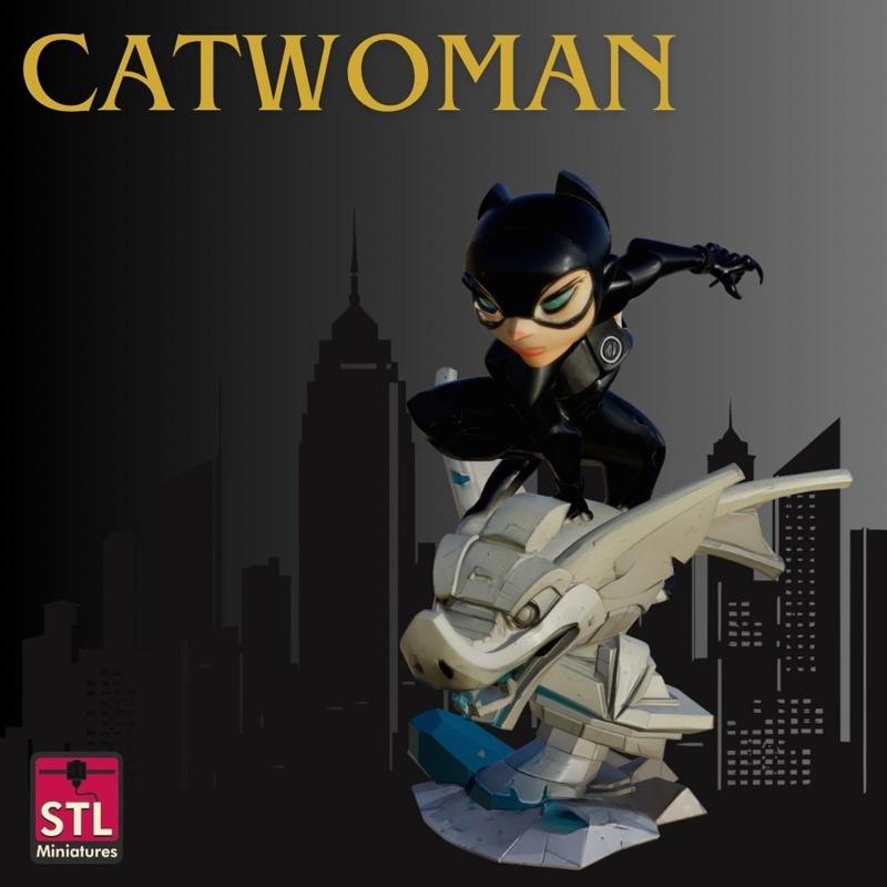 STL File – Chibi Catwoman – 3D Printable Comic-Style Heroine on Gargoyle