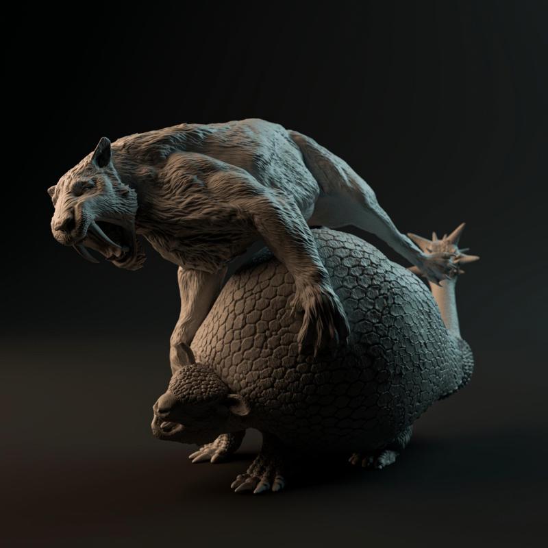 Doedicurus vs Smilodon 1-35 scale pre-supported