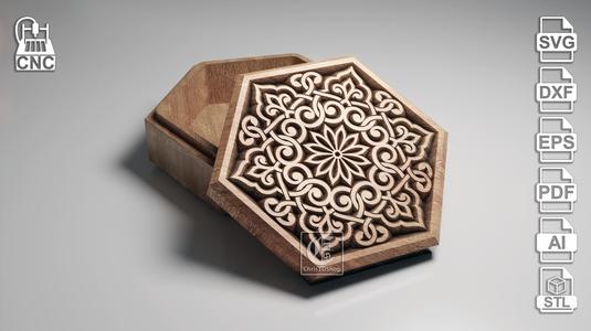 Hexagonal V-Carved Jewelry Box 2 - CNC Files (svg, dxf, eps, ai, pdf, STL)