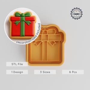 Gift Box Shape Cutter & Stamp, Cookie Fondant Set, Present Ribbon Designs, Sizes S/M/L, 6-Piece Collection