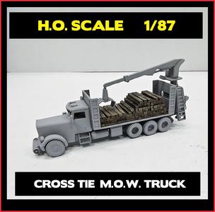 M.O.W. CROSS TIE TRUCK WITH GRAPPLE CRANE   1/87   ho scale