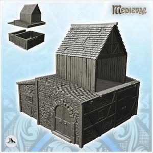 Medieval stone building with tile roof and large roof annex (14) - Medieval Gothic Feudal Old Archaic Saga 28mm 15mm