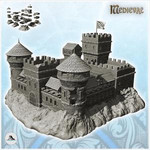 Large damaged castle with double towers and keep with flag (18) - Medieval Gothic Feudal Old Archaic Saga 28mm 15mm