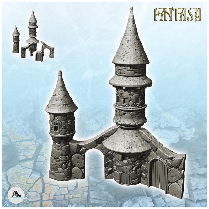 Fantastic building with two towers with curved roofs and access arch (16) - Medieval Gothic Feudal Old Archaic Saga 28mm 15mm RPG