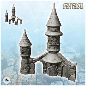 Fantastic building with two towers with curved roofs and access arch (16) - Medieval Gothic Feudal Old Archaic Saga 28mm 15mm RPG