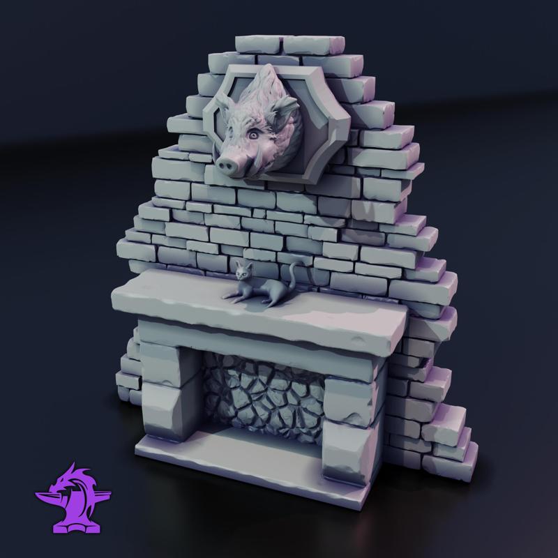 Fireplace with Cat and Mounted Boar