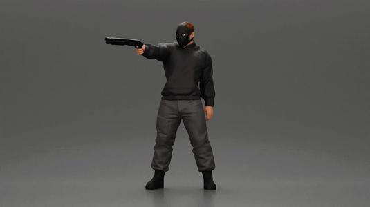 Masked man in black jacket aims shotgun with determined gaze