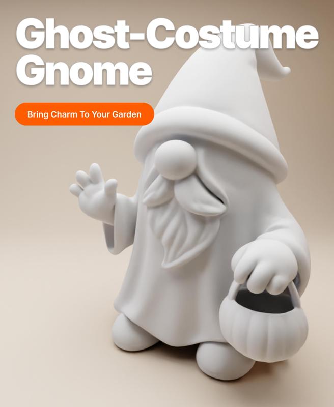 Ghost-Costume Halloween Gnome – 3D Printable Figurine with Candy Bucket