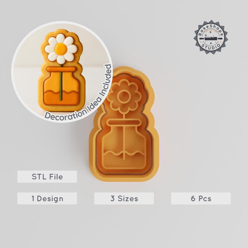 Daisy in Jar Cookie Cutter & Stamp, Floral Baking Tool, Fondant, 3 Sizes Set PRODUCT_407