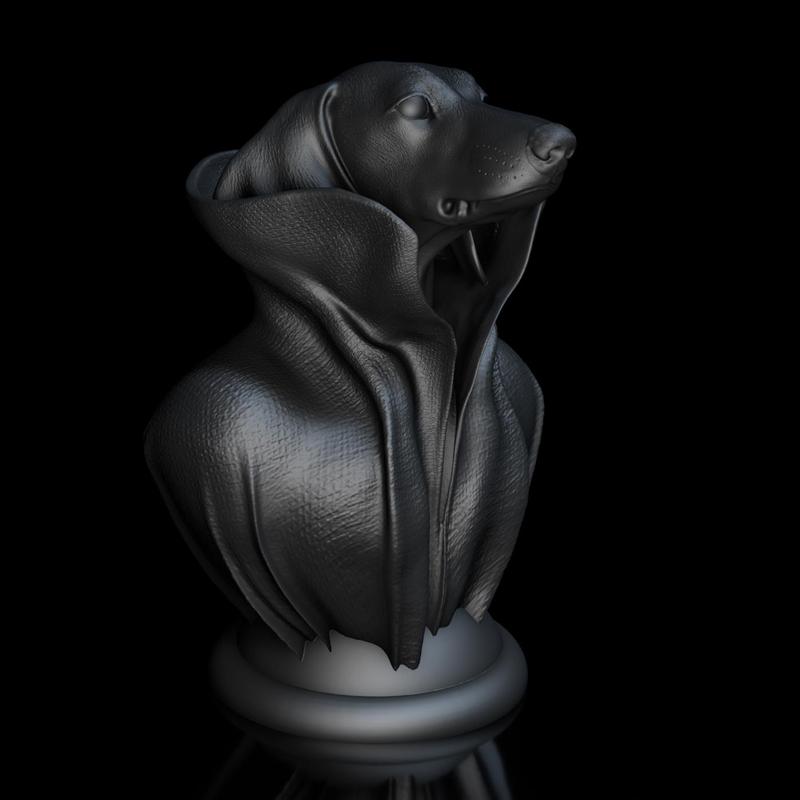 Dachshund with collar cape on pedestal