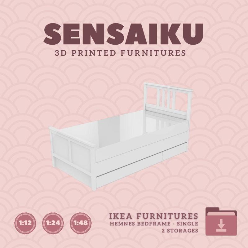 Miniature Replica HEMNES Bedframe - Single Bed with 2 Storages - IKEA (1:12,24,48) - 3D Print Instant Download