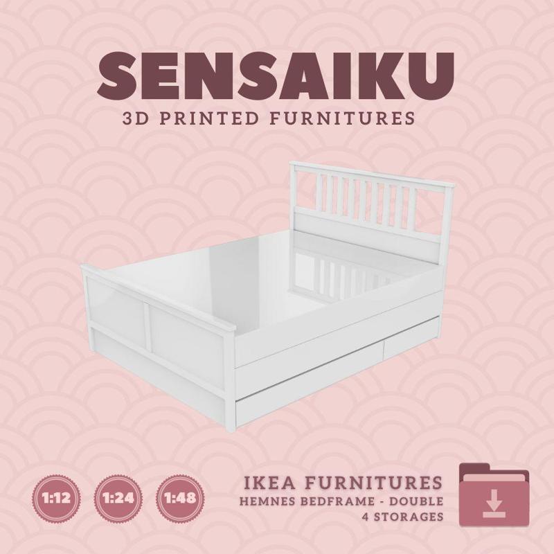 Miniature Replica HEMNES Bedframe - Double Bed with 4 Storages - IKEA (1:12,24,48) - 3D Print Instant Download