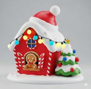 christmas house with pine hat and gingerbread cookie