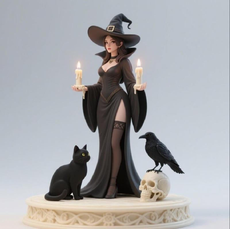 578 Elegant Black Witch with Candles, Black Raven, Black Cat and Skull - Full-Body Figurine, statue, magic, creature, sculpture, bear, troll, monkey, witch, werewolf, dachshund, pug, serpent, dragon, dnd, cat, monster hunter, dog