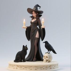 578 Elegant Black Witch with Candles, Black Raven, Black Cat and Skull - Full-Body Figurine, statue, magic, creature, sculpture, bear, troll, monkey, witch, werewolf, dachshund, pug, serpent, dragon, dnd, cat, monster hunter, dog