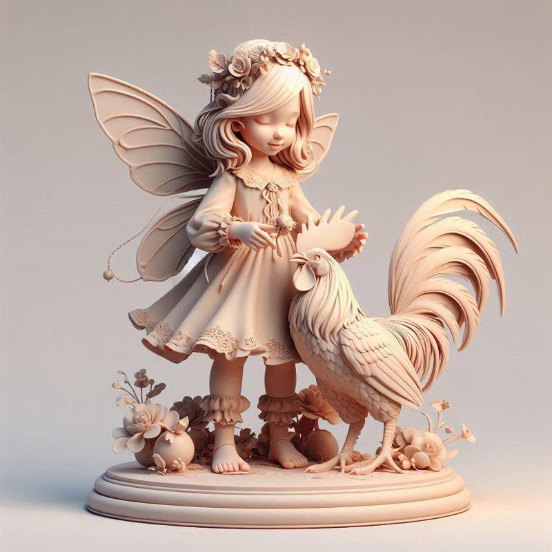 1408 Colorful 3D Model of a Fairy Playing with a Rooster on Base, magic, witch, werewolf, fantasy, wood, base, sword, warrior, wild, dnd, cat, monster, dog, fair, lion, lion, fox, faun, rooster, beast