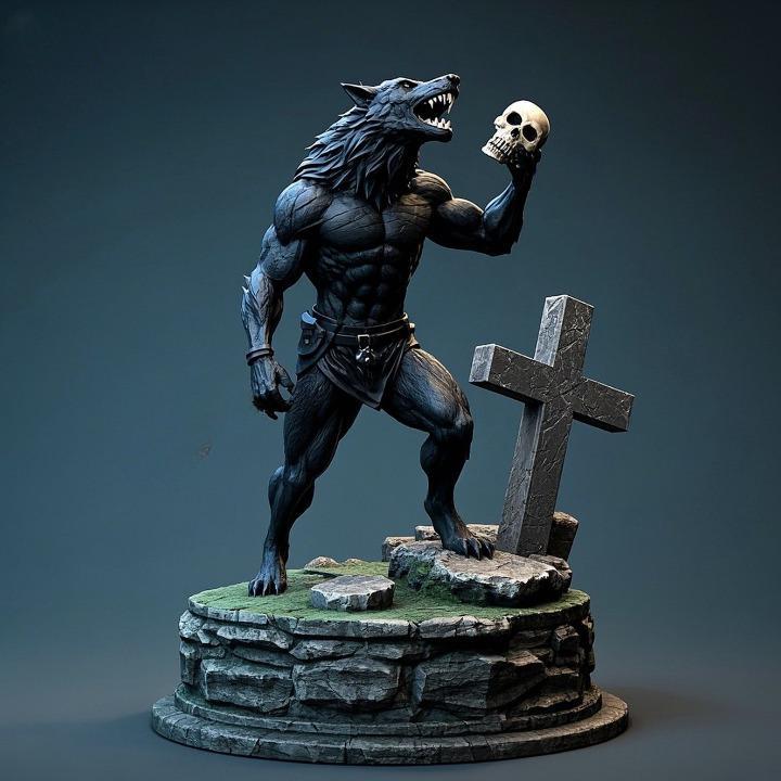 1841 Howling Werewolf with Skull - 3D Printed Statue, magic, dragon, serpent, mask, gnome, gorgon, venetian carnival, wild, fox, monster, cat, fair, witch, werewolf, horror, beast, snake, troll, skeleton dance