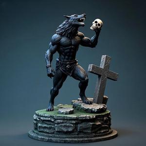 1841 Howling Werewolf with Skull - 3D Printed Statue, magic, dragon, serpent, mask, gnome, gorgon, venetian carnival, wild, fox, monster, cat, fair, witch, werewolf, horror, beast, snake, troll, skeleton dance