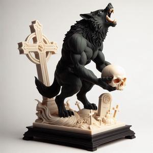 1073 COLORFUL Werewolf Howling with Skull - 3D Model, beast, magic, creature, fantasy, wood, base, sword, warrior, wild, cat, monster, dog, godzilla, fair, witch, werewolf, horror, beast, gothic, troll