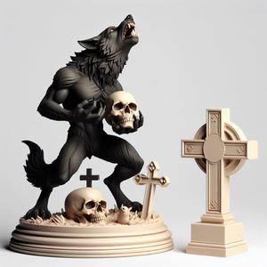1066 COLORFUL Werewolf Howling with Skull - 3D Model, beast, magic, creature, fantasy, wood, base, sword, warrior, wild, cat, monster, dog, godzilla, fair, witch, werewolf, horror, beast, gothic, troll