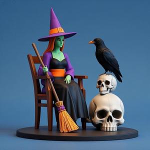 1274 Elegant Witch with Broom, Raven and Skull - Colorful Full-Body Figurine, magic, creature, fantasy, wood, gnome, gorgon, warrior, wild, fox, monster, cat, dog, fair, witch, werewolf, horror, beast, gothic, troll
