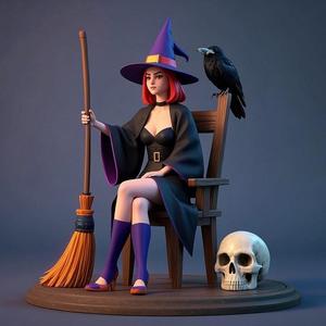 1339 Elegant Witch with Broom, Raven and Skull - Colorful Full-Body Figurine, magic, creature, fantasy, wood, gnome, gorgon, warrior, wild, fox, monster, cat, dog, fair, witch, werewolf, horror, beast, gothic, troll