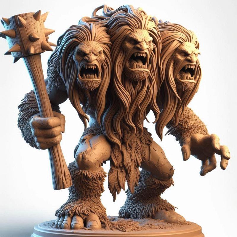 391 Three-Headed Troll - 3D-Printed Fantasy Statue with Club, fantasy, wood, base, sword, warrior, wild, low poly, dragon, dnd, cat, monster hunter, monster, dog, godzilla, fair, totem