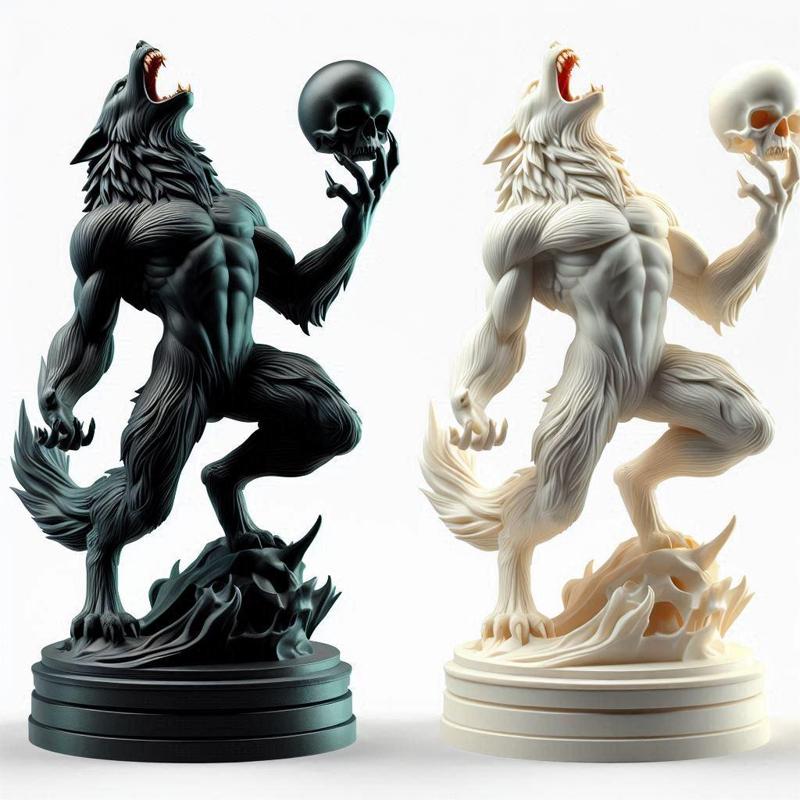 852 Ivory Werewolf Howling with Skull - 3D Model, magic, creature, fantasy, wood, base, sword, warrior, wild, cat, monster, dog, godzilla, fair, witch, werewolf, horror, beast, gothic, troll
