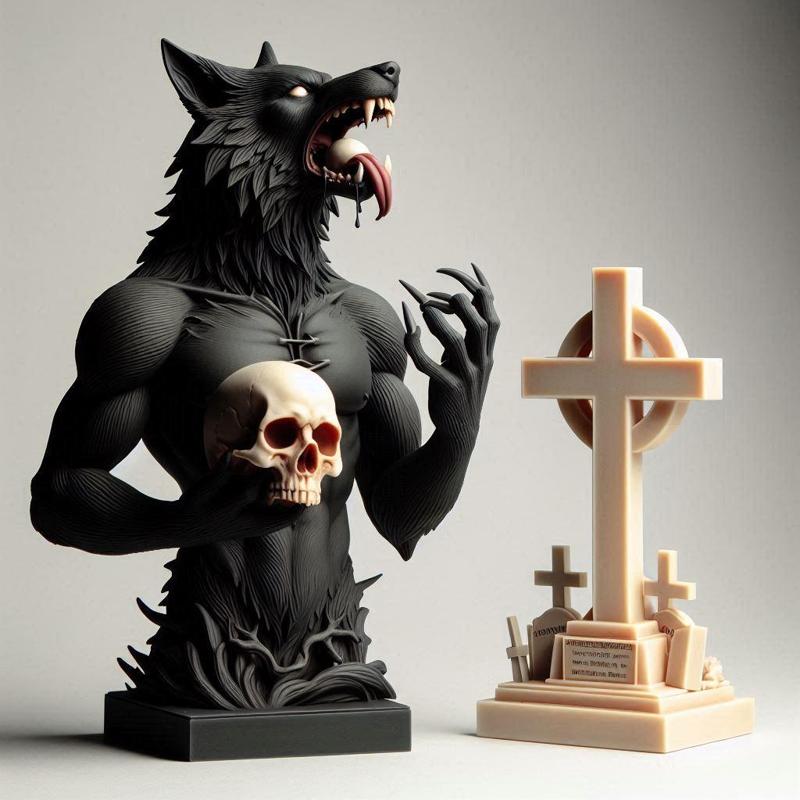 866 Ivory Werewolf Howling with Skull - 3D Model, magic, creature, fantasy, wood, base, sword, warrior, wild, cat, monster, dog, godzilla, fair, witch, werewolf, horror, beast, gothic, troll